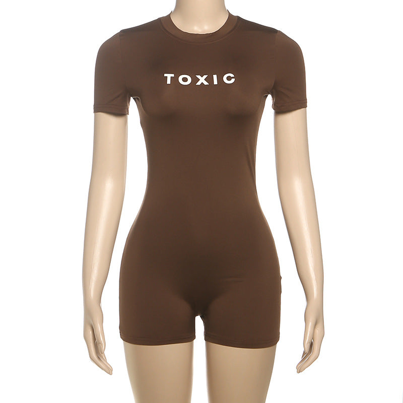 Fall Women Clothing Simple Letter Graphic Print Solid Color round Neck Tight Sports Romper
