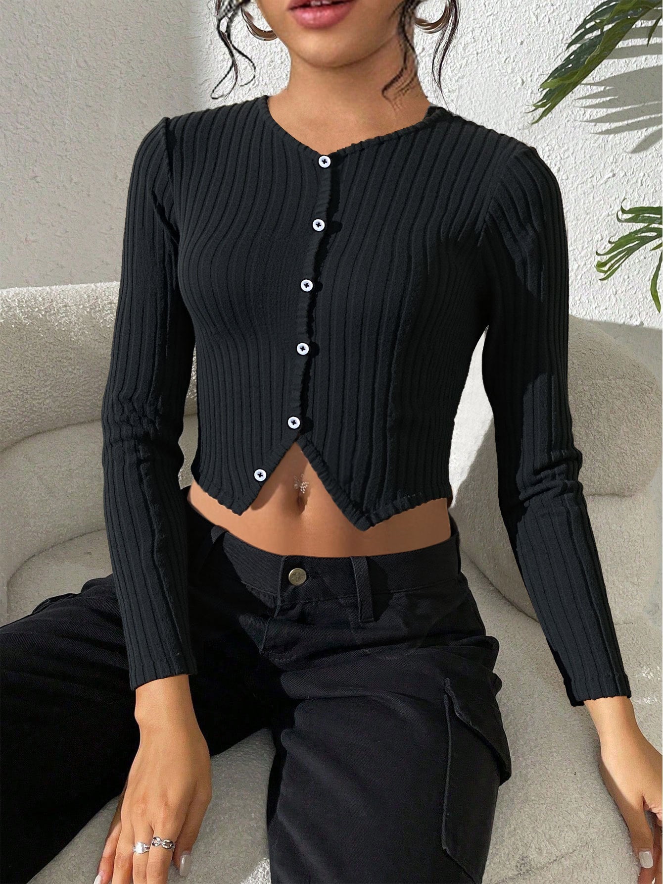 Women Clothing Simple Adult Lady like Woman T shirt Short Autumn Winter Cropped Exposed Design Long Sleeve Top