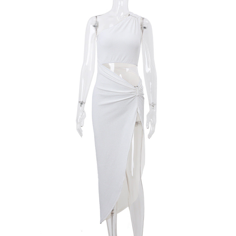 Spring Sexy Shoulder Faux Two Piece Slim Fit Hollow Out Cutout High Waist Slit Dress