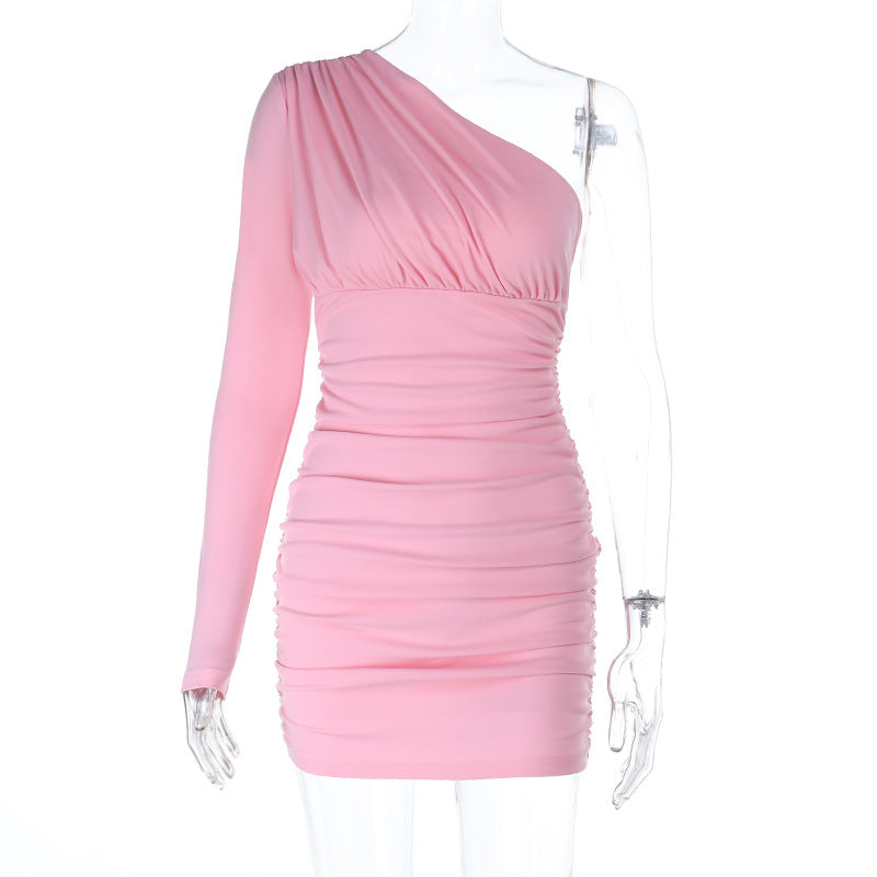 One Shoulder Sexy Backless Long Sleeves Slim Fit Dress Women Sexy Hip Dress
