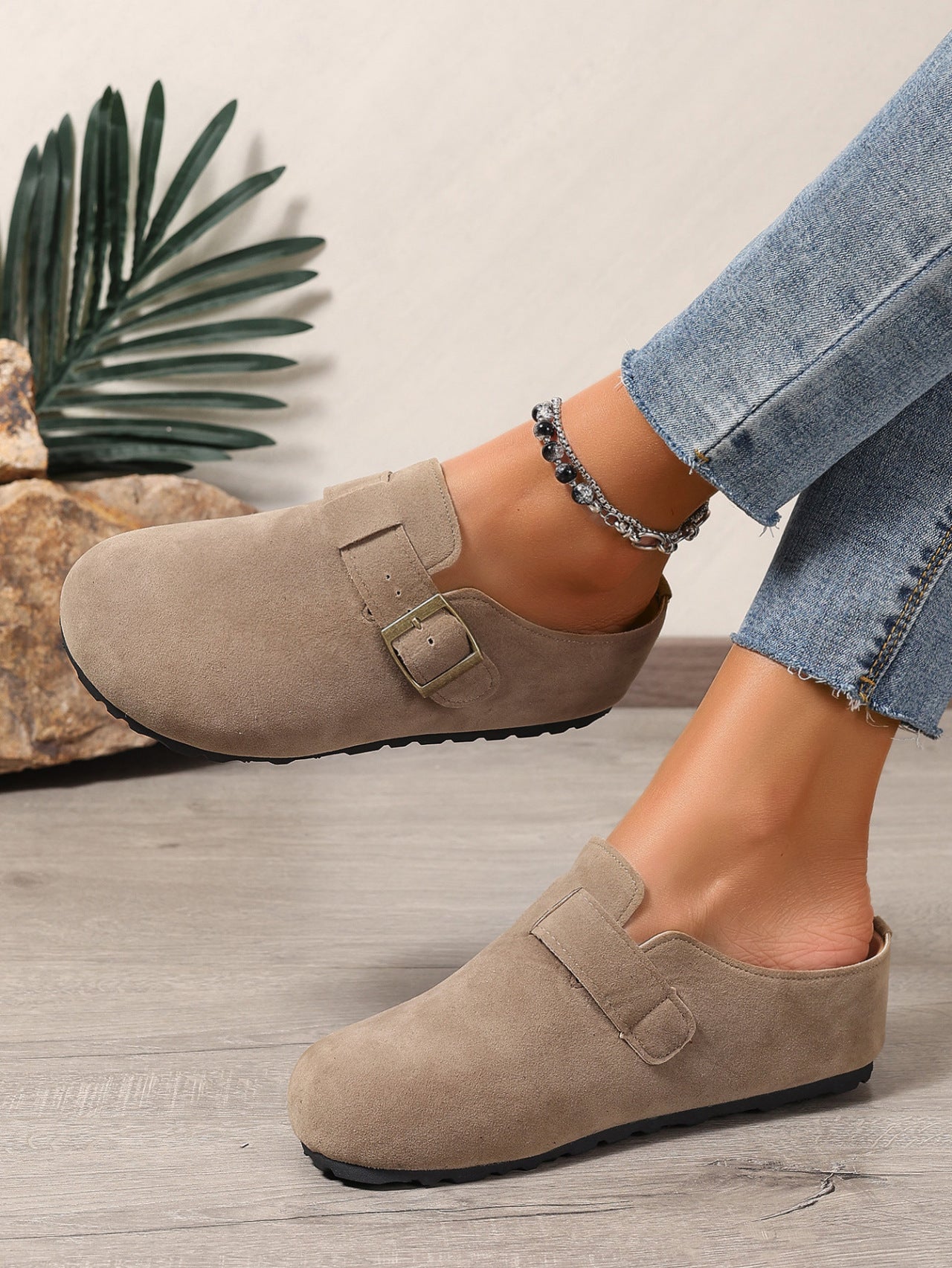 Belt Buckle Closed Toe Birkenstock Half Slippers Women Outer Wear French Slip on Thick Bottom Back Open Shoes