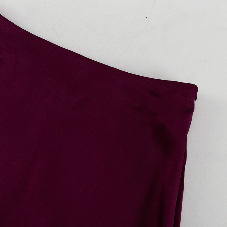 Women Clothing Wine Red Long Skirt Spring Autumn Simple Temperamental All Match High Waist Satin Hip Skirt