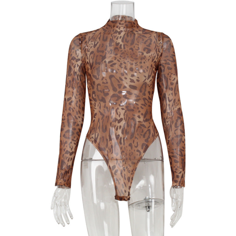 Sexy Women Wear round Neck Long Sleeve Tight High Elastic Leopard Print Mesh Floral Print Sexy Jumpsuit