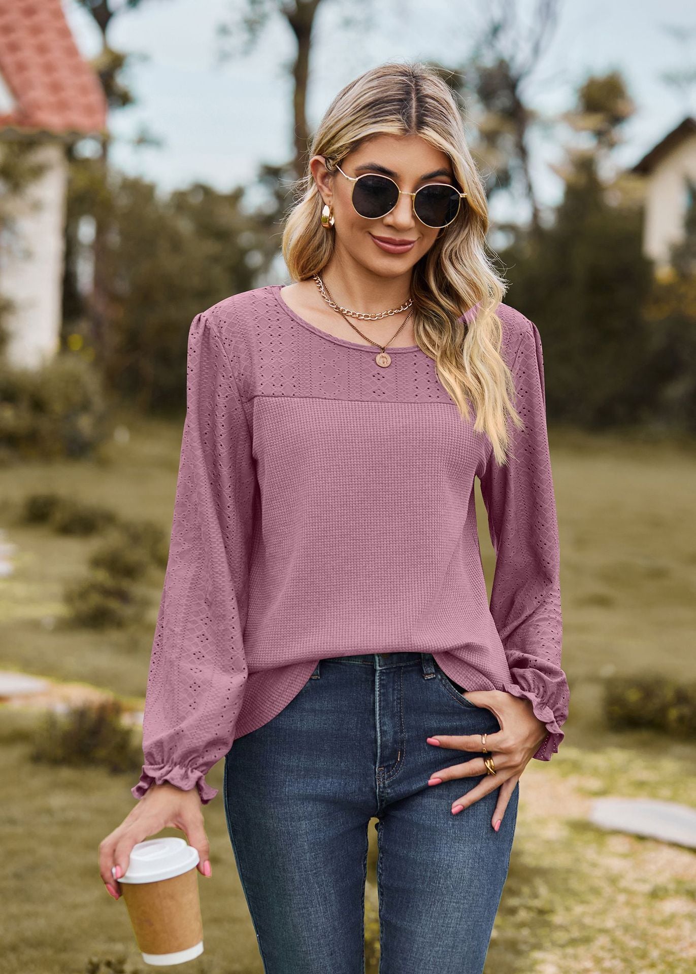 20Autumn Winter Patchwork round Neck Loose Long Sleeves Casual T shirt Top for Women