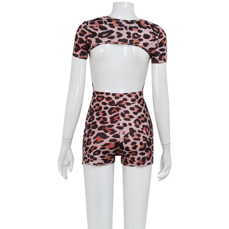 Summer Women Sexy Leopard Print Short Sleeve Backless Romper Sexy Jumpsuit for Women