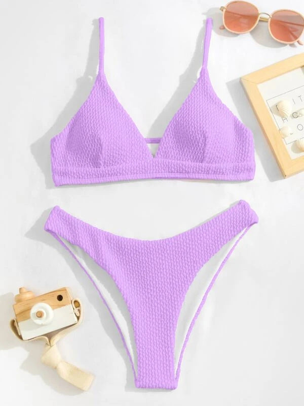 Women Seperated Swimwear Sunken Stripe Solid Color Sexy Bikini Swimsuit