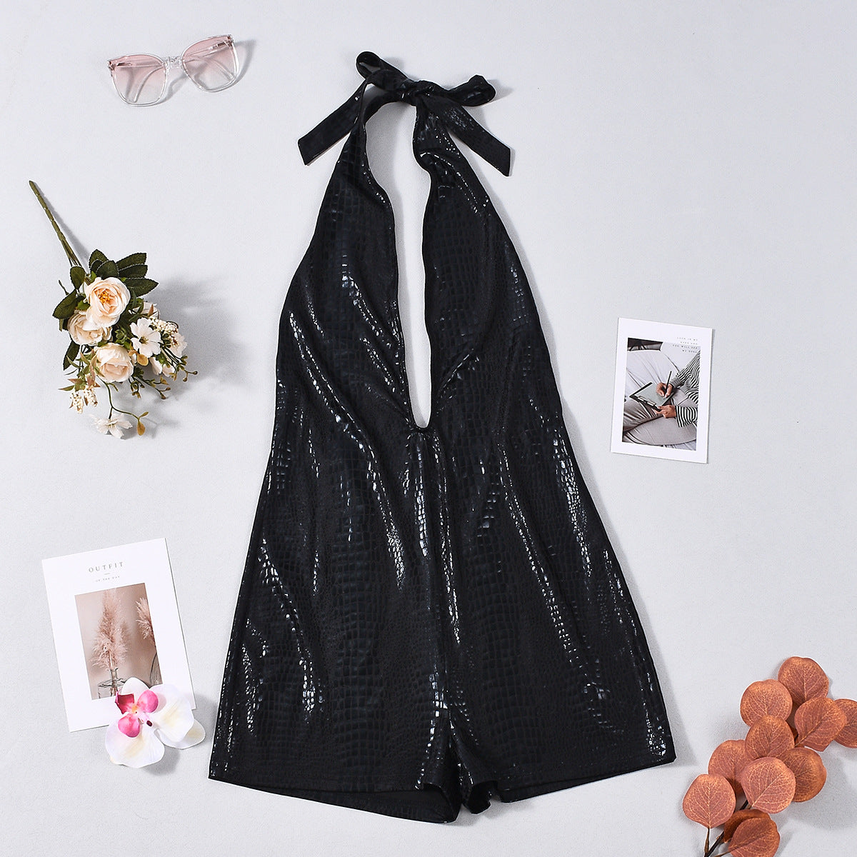 Sexy Faux Leather Coating Halter Backless Sexy Cutout Tight Jumpsuit Women