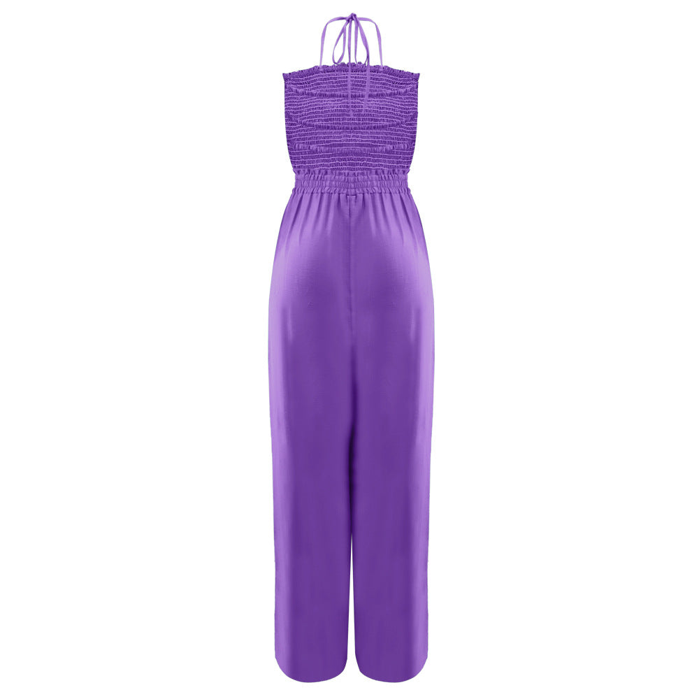 Lace up Fashionable Bandeau Sexy Backless Elastic Waist Loose Straight Jumpsuit