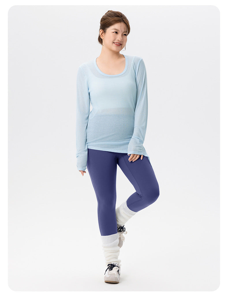 Plus Size Yoga Blouse Women Slim Fit Slimming Side Slit Workout Long Sleeve Soft Skin Friendly Plump Girls Yoga Clothing Top