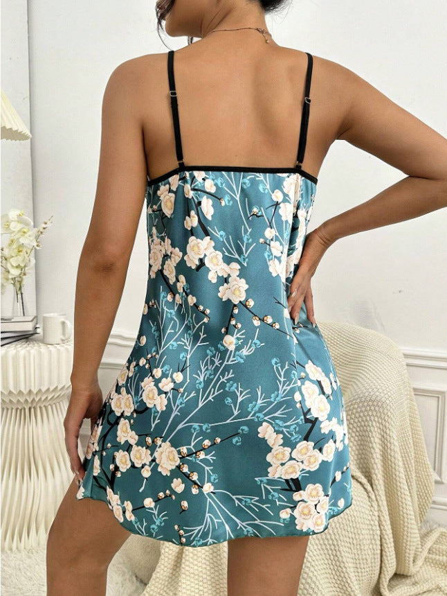 Sexy Backless Ice Silk Suspender Artificial Silk Nightdress Summer Printed Pajamas Short Women Homewear