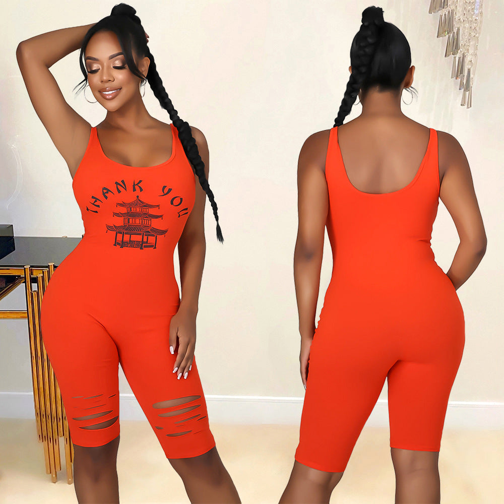 Summer Women Clothing Sports Casual Printed Hollow-out Ripped for Women Romper
