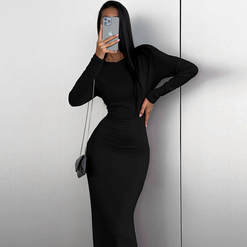 Women Clothing Spring Summer Solid Color Long Sleeve Tight Waist Hip Split Dress Women