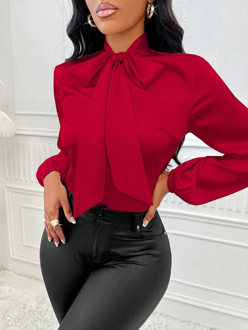 Women Clothing Autumn Satin Shirt Bow Long Sleeve Top