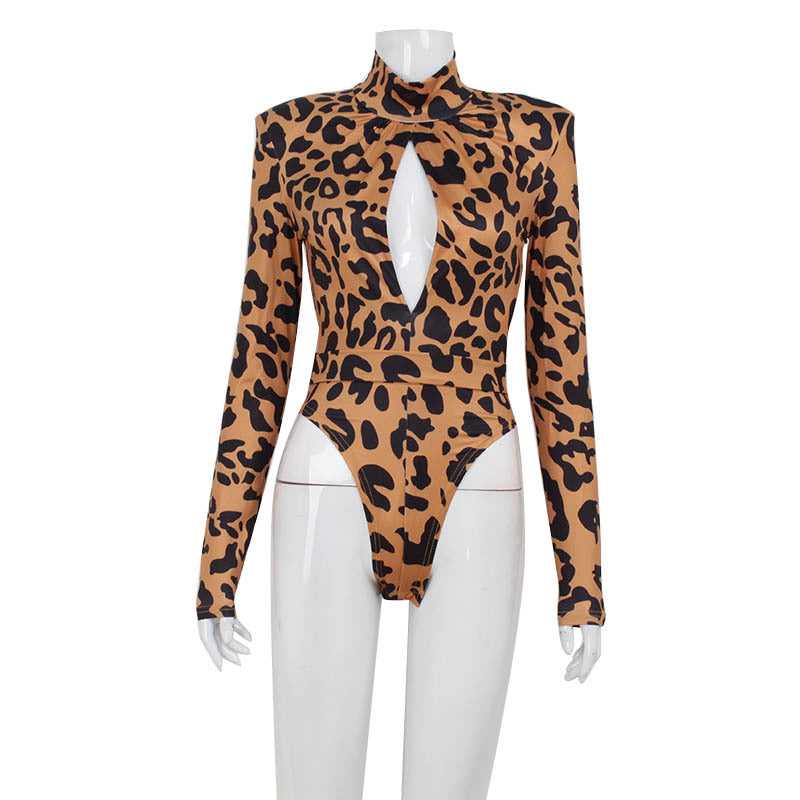 Women Clothing Half High Collar Long Sleeves Sexy Cutout Leopard Print Slimming Sexy Jumpsuit