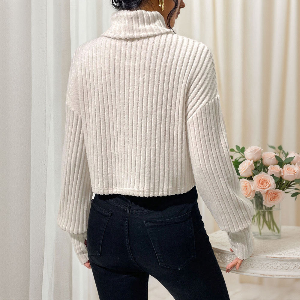 Autumn Winter Solid Color Thread Knitted Pullover High Collar Short Section Bottoming Top