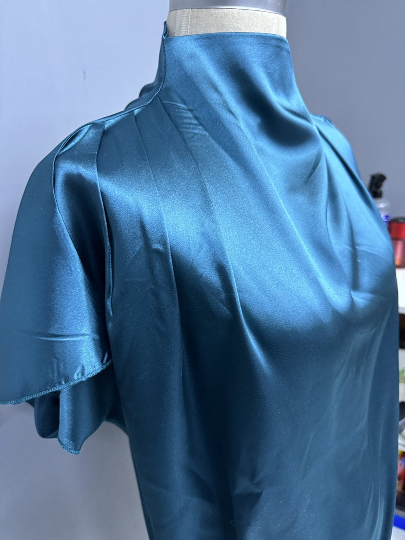 Satin Shirt Autumn Winter Batwing Sleeve Asymmetric Hem Shirt Top
