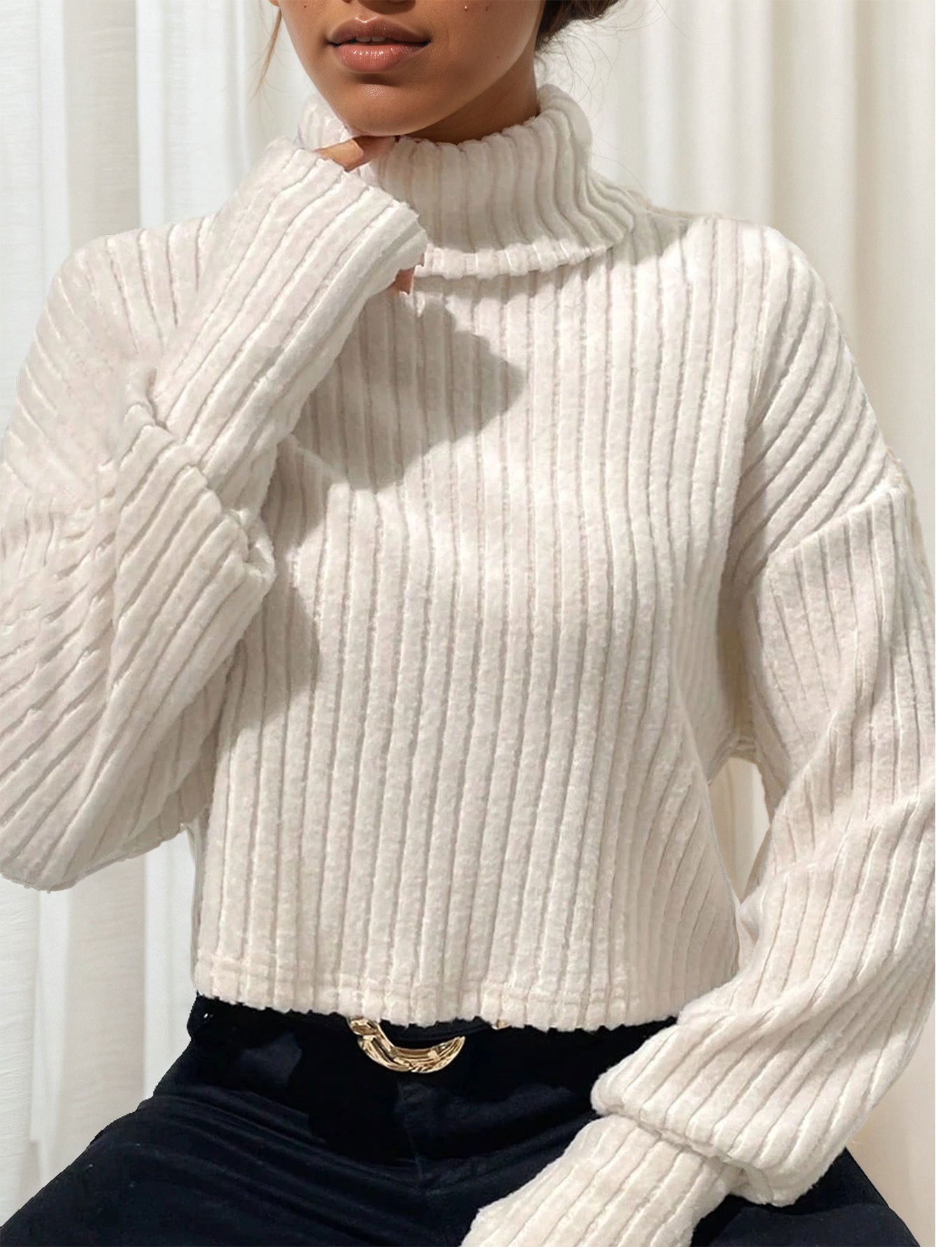 Autumn Winter Solid Color Thread Knitted Pullover High Collar Short Section Bottoming Top