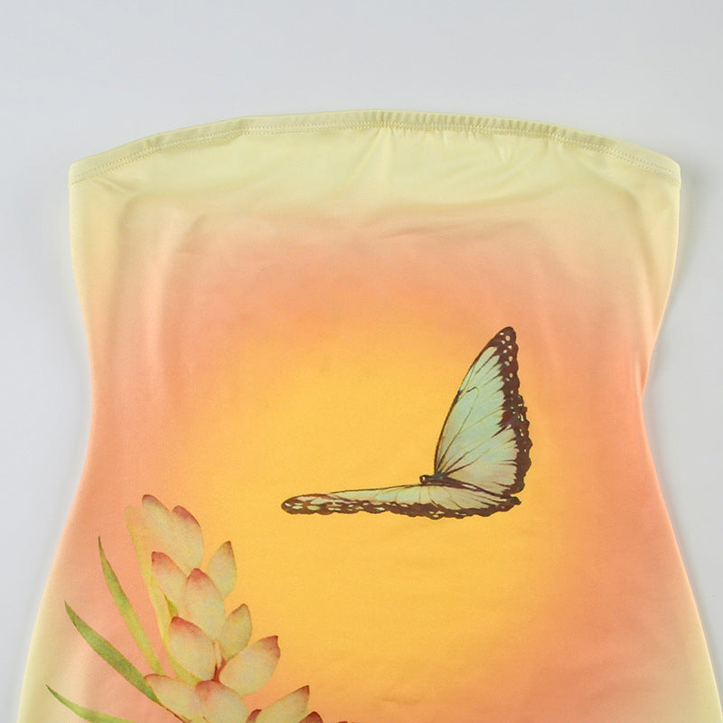 Women Clothing Summer Sleeveless Sexy Strapless Dress Butterfly Floral Print Hip Dress