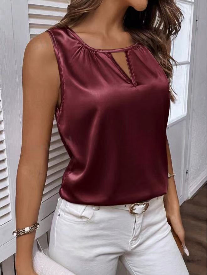 Women Clothing Summer Satin Pleated T shirt Satin Vest Hollow Out Cutout Sleeveless Top
