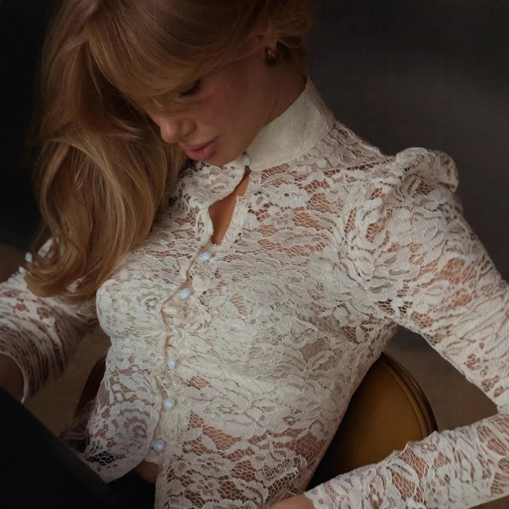 Women Clothing Western French Lace Cheongsam Button Collar Slim Fit Slightly Transparent Lady Socialite Long Sleeved Top Base