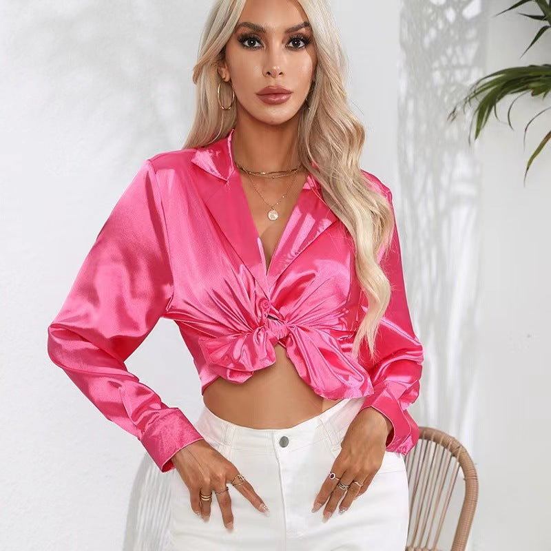 Popular Real Collar Satin Shirt Women Satin Artificial Silk Long Sleeve Shirt Women Clothing