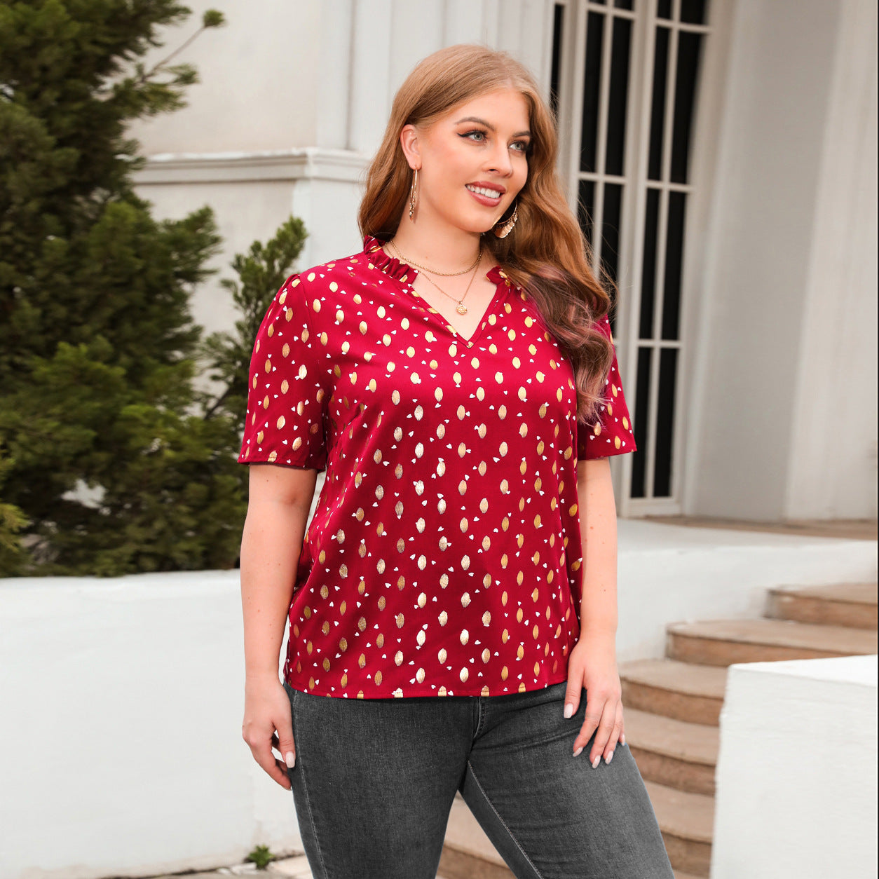 Plus Size Loose Fitting Casual T shirt Women V neck Short Sleeve Office Top