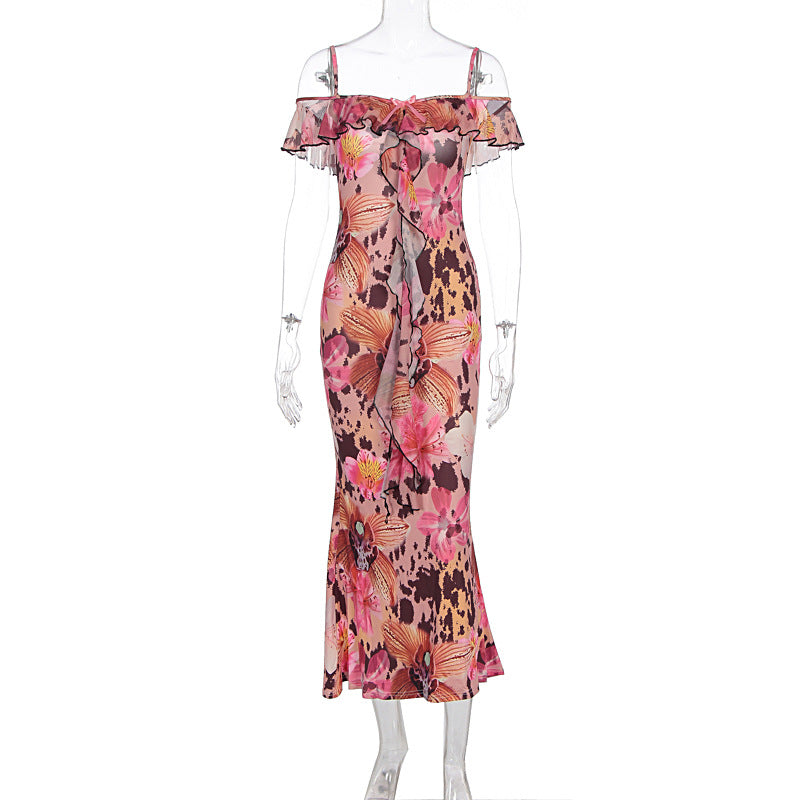 Summer Women Sexy Printed Ruffled Spaghetti Straps Slim Slimming Dress