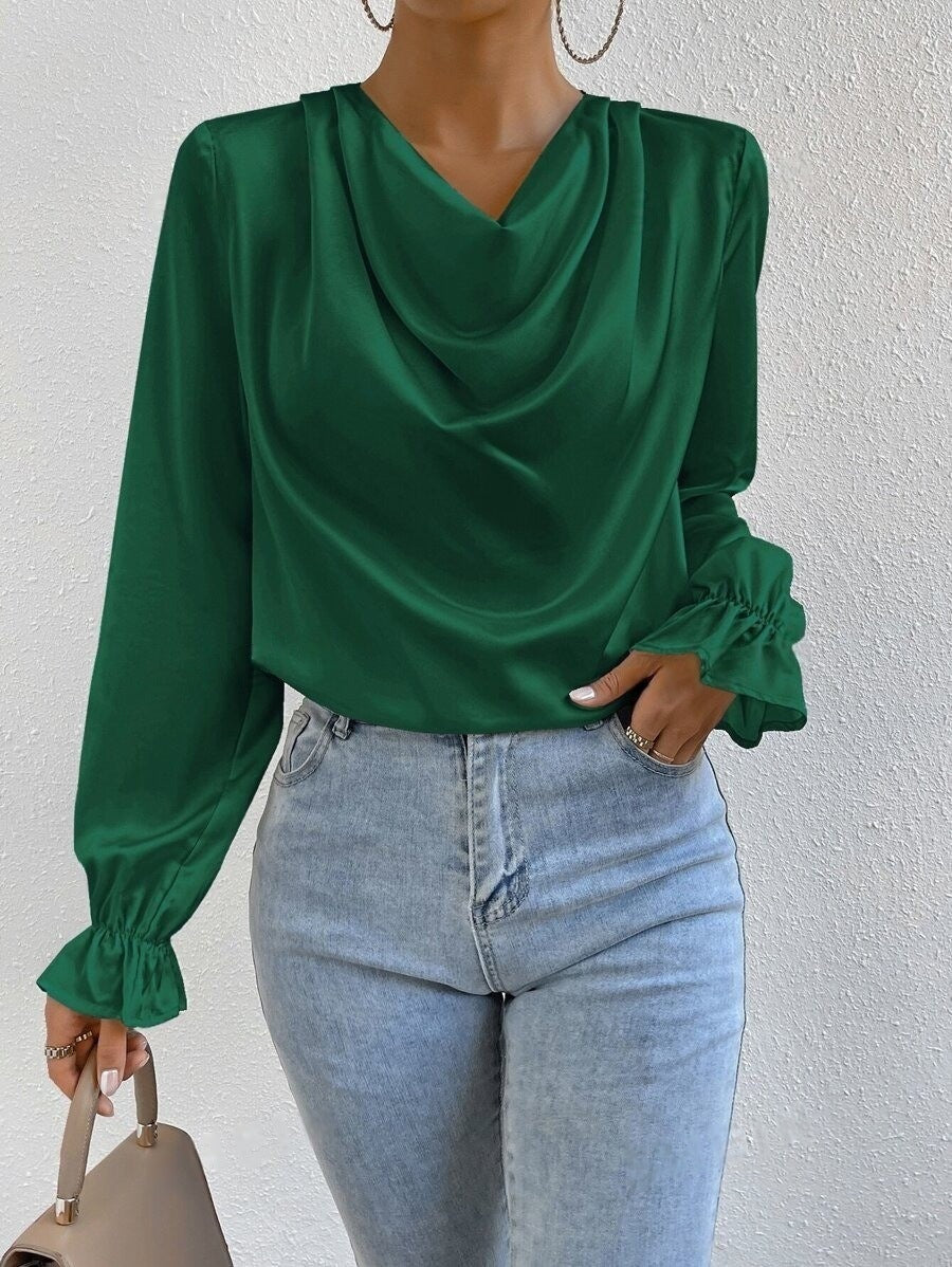 Women Clothing Ruffled Sleeve Satin Shirt Autumn Arrival Long Sleeve Satin Shirt