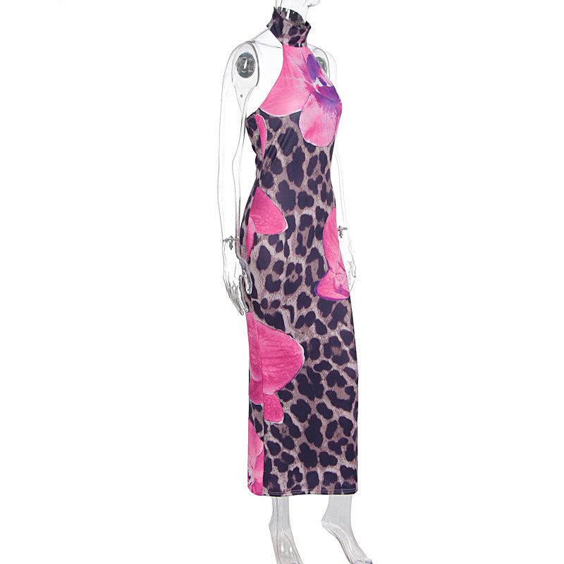 Summer Women Clothing Sexy Leopard Print round Neck Backless Slim Fit Sheath Dress