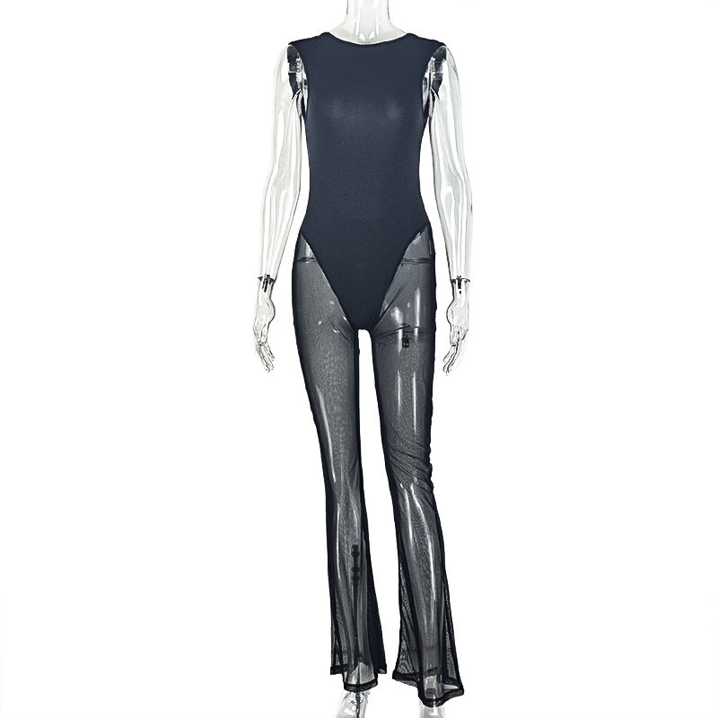 Slim Fit Sports Women round Neck Micro Transparent Mesh Jumpsuit Sexy Solid Color Backless Long Jumpsuit