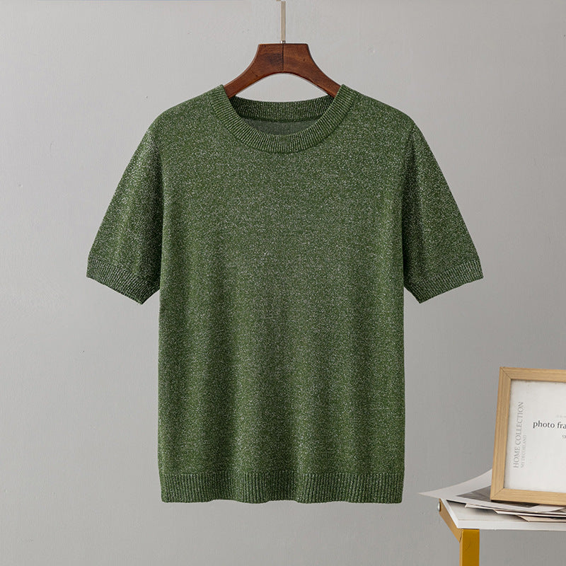 Women Clothing Summer Bright Silk Slim Fit Slimming Short Sleeved Sweater Pullover Top T shirt Bottoming Shirt