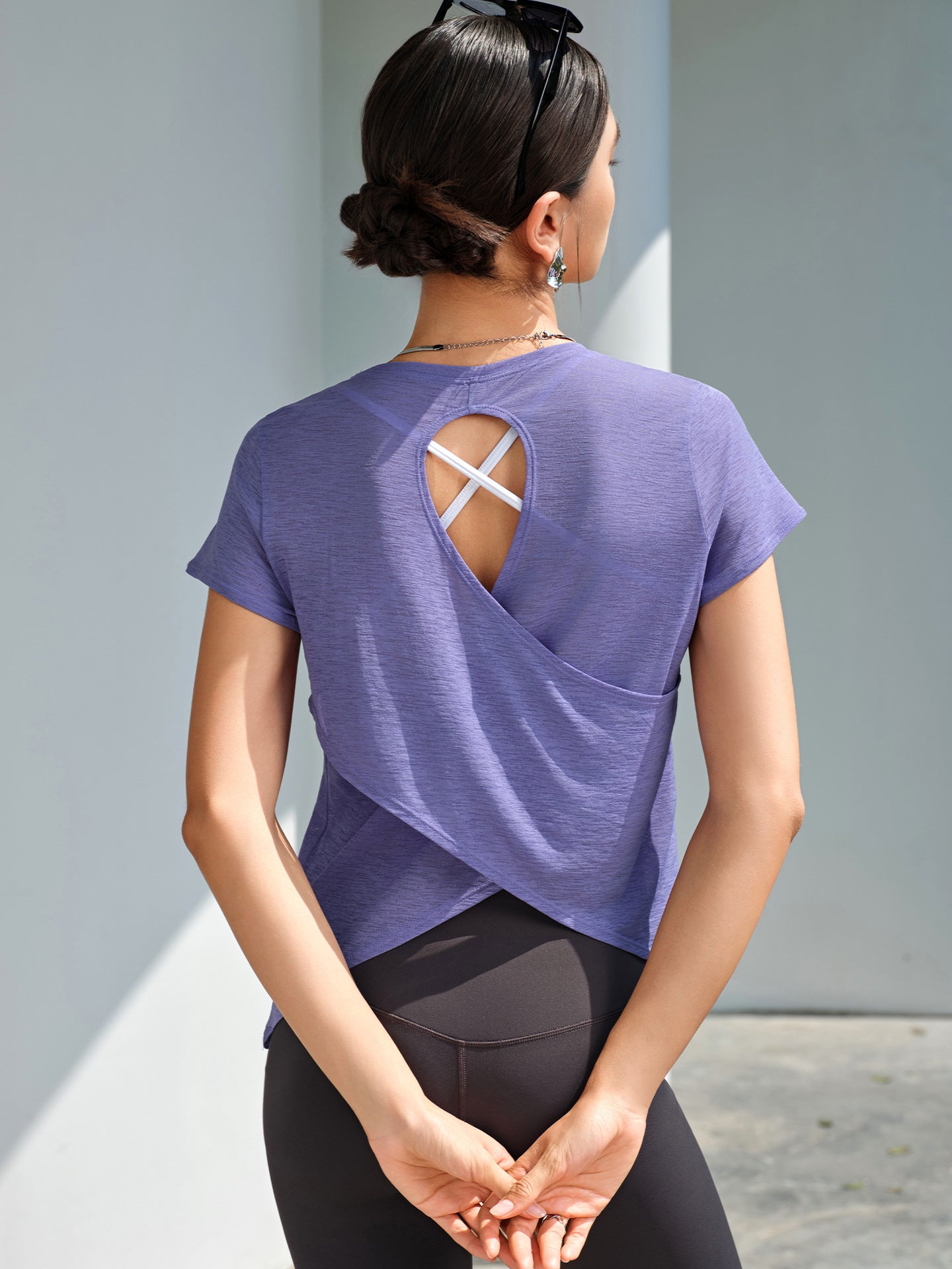 Summer Bunchy Yarn Breathable Yoga T Shirt Hollow Out Cutout out Beauty Back Sports Top Women Yoga Clothes round Neck Fitness Short Sleeve Summer