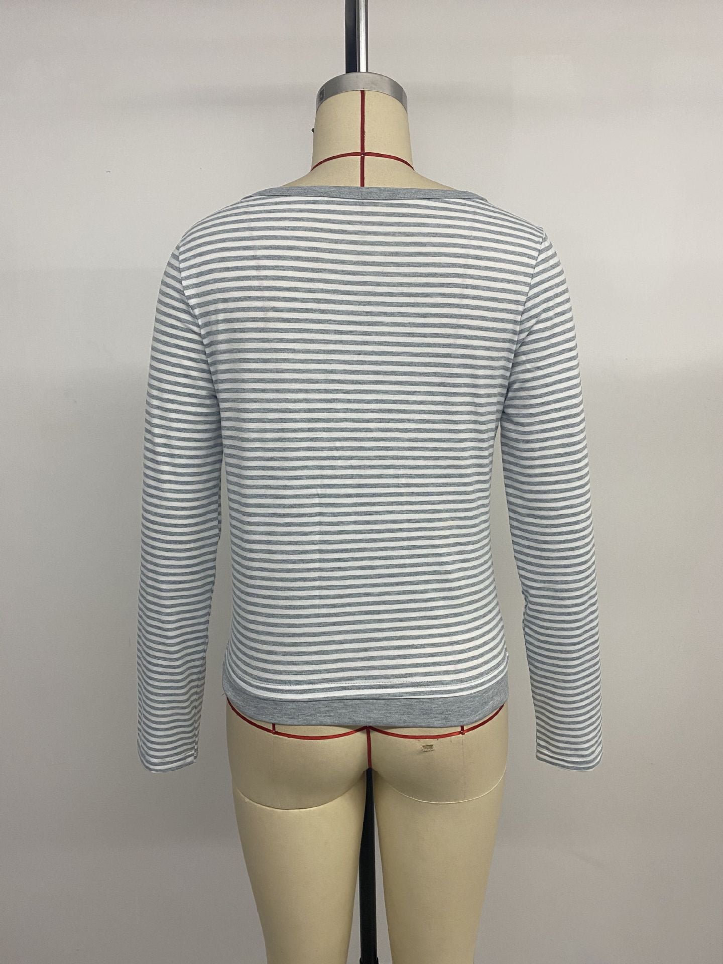 Autumn Casual Simple Top Long Sleeve Faux Two Piece Small V neck Striped T shirt Women