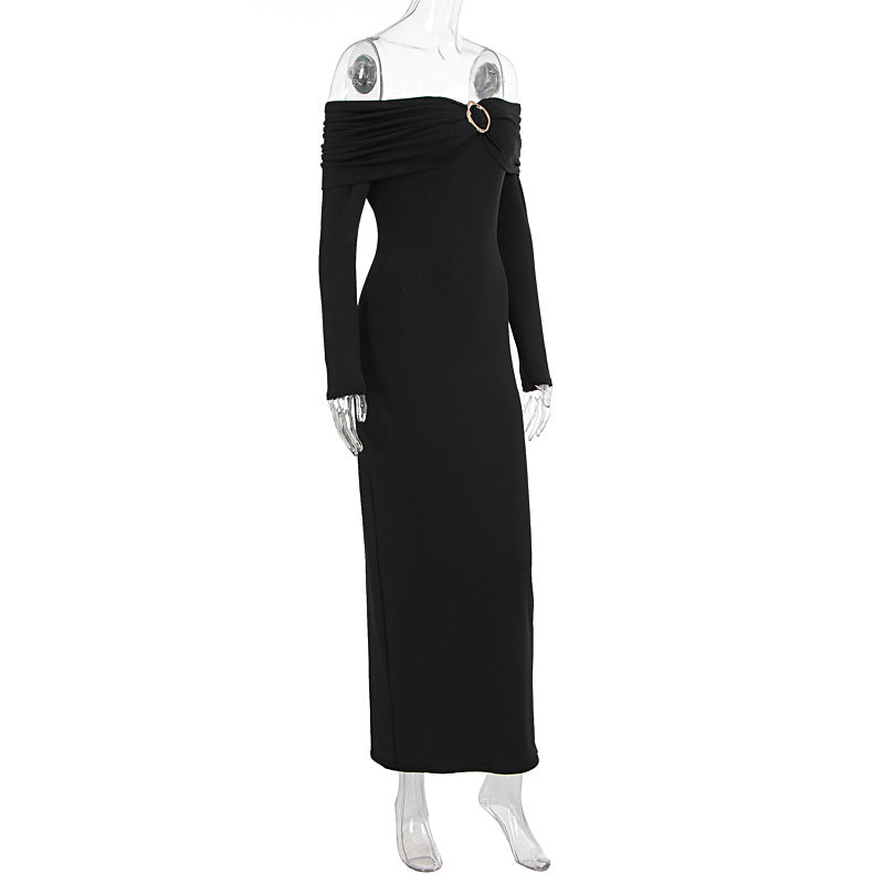 Women Clothing Fall Sexy Tube Top off Neck Solid Color Midi Dress