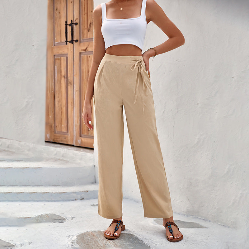 Spring Summer Draping Effect Straight Leg Pants High Waist Solid Color Lace Wide Leg Pants Women