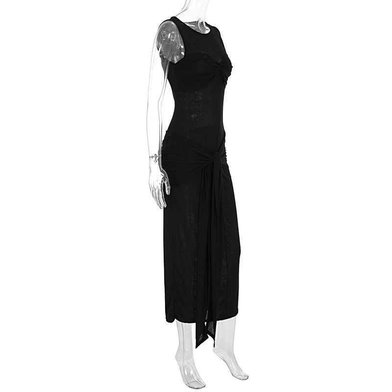 Summer Women Clothing Sexy Solid Color round Neck Slim Slimming See through Dress