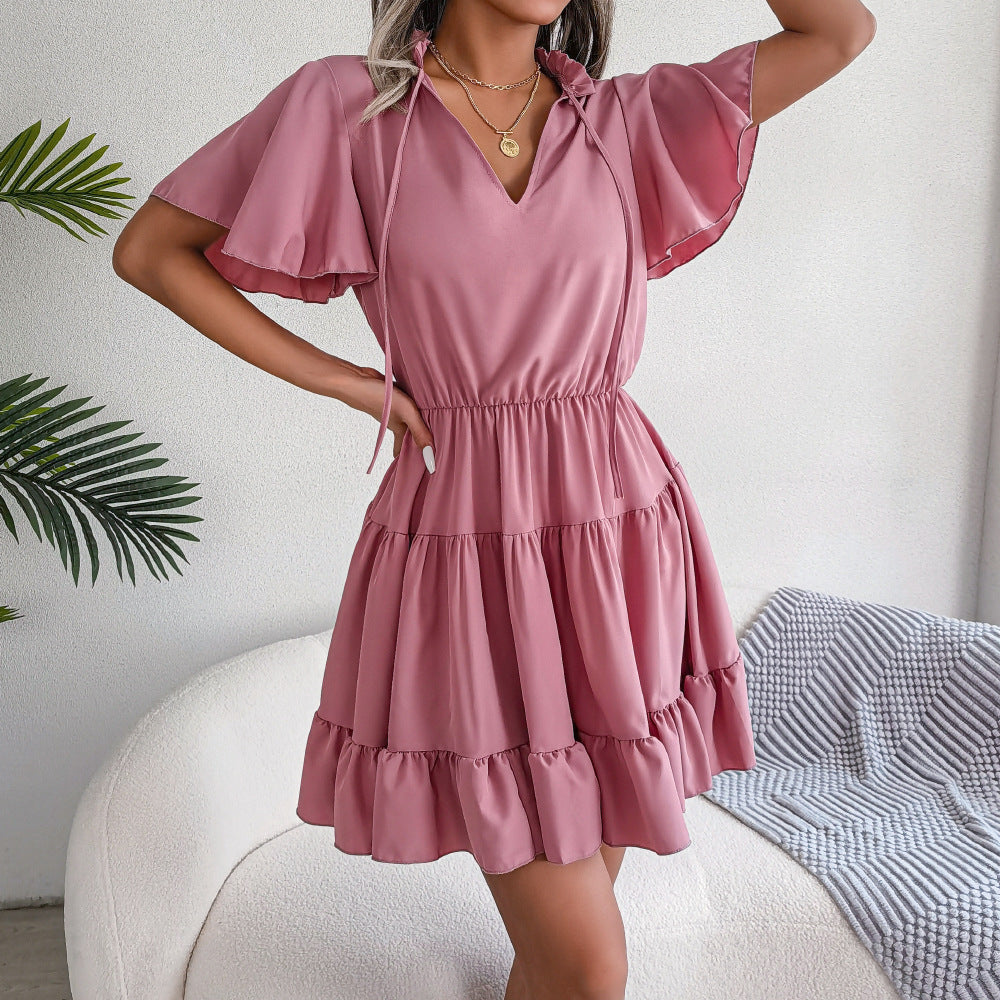 Spring Summer Flounced Ribbon Big Hem A- line Solid Color Dress Women Clothing