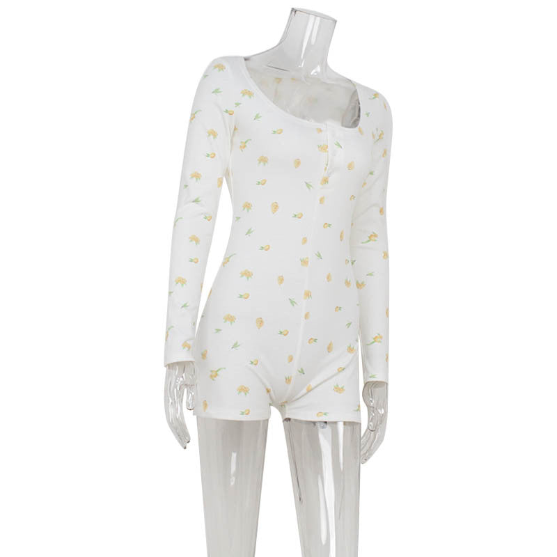 Top Product Women Clothing Long Sleeve Square Neck Printed Slim-Fit Sexy Sexy Romper Women