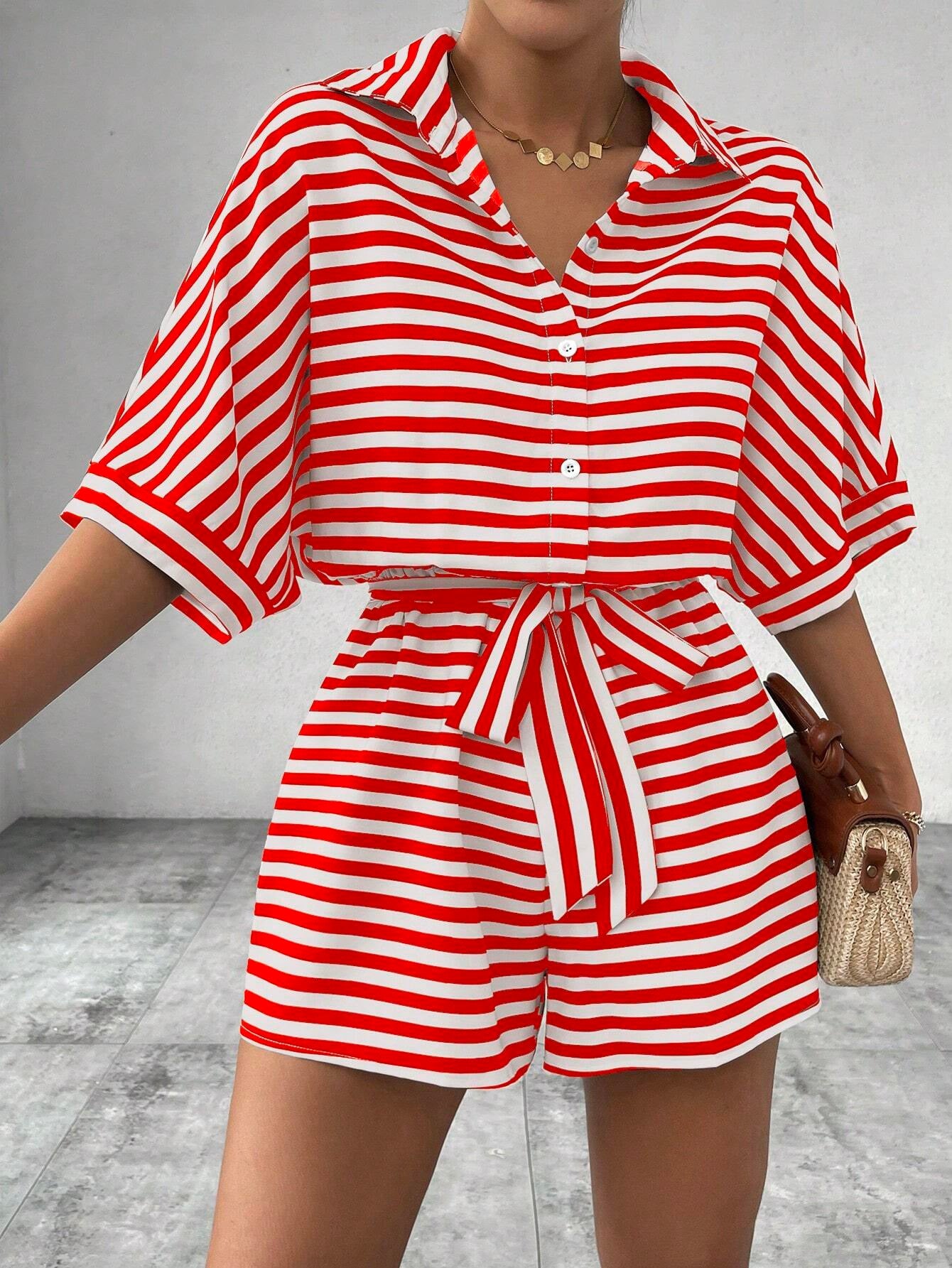 Summer Women Clothing Striped Collared Cardigan Button Half Sleeve Shorts Jumpsuit