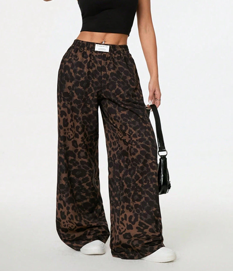 Women Winter Leopard Print Casual Pants Loose Elastic Waist Printed Wide Leg Trousers