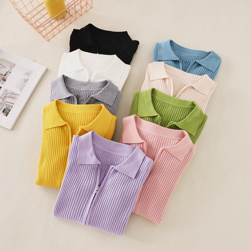 Knitted Bottoming Solid Color Slim Fit Top Long Sleeve Polo Collar Women Short Sweater Autumn Winter Cardigan