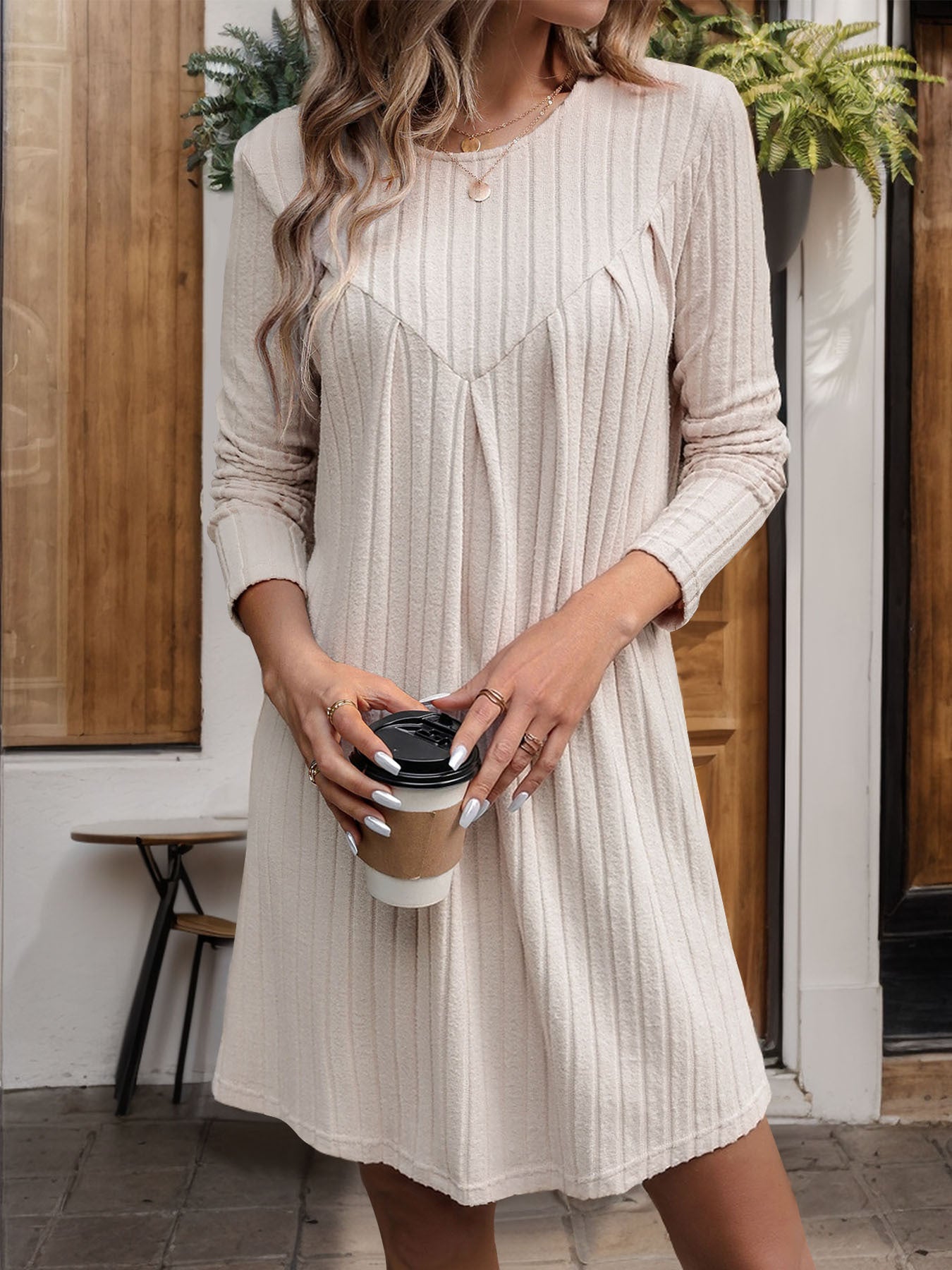 Autumn Winter Brushed Sunken Stripe Knitted Dress Long Sleeve Dress Pleating Stitching Dress