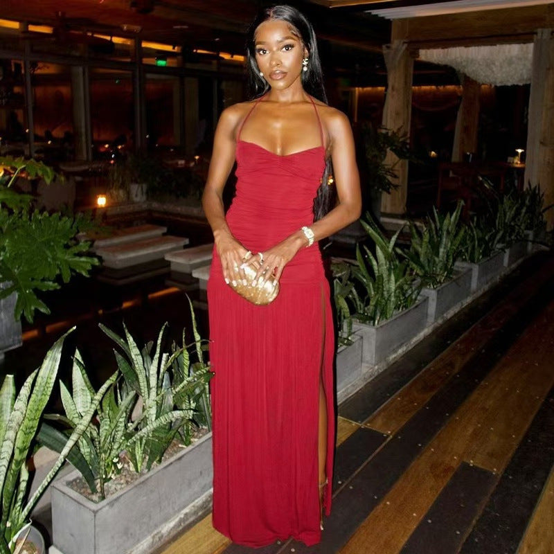 Women Clothing Sexy Halter Slim Fit Backless Hip Side Slit Maxi Dress