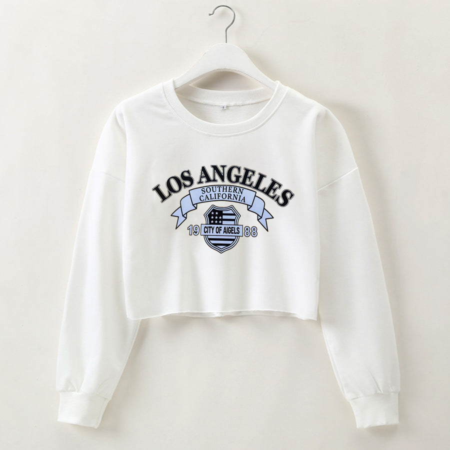 Women Clothing Autumn Winter Los Angeles Letter Graphic Printed Short Long-Sleeved Sweatshirt