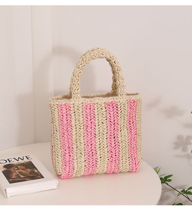 Vertical Stripes French Straw Bag Portable Contrast Color Straw Bag Woven Bag Women's Bag Seaside Vacation Beach Bag