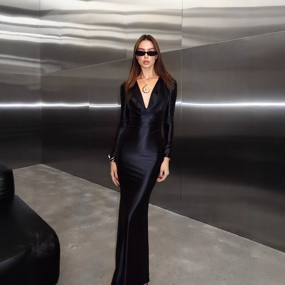 Arrival Autumn Elegant Solid Color Long Sleeve V neck Satin Bright Silk Dress Evening Dress