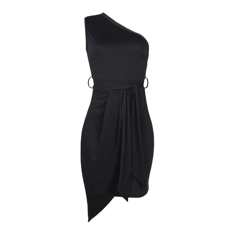 Summer Solid Color Sleeveless Shoulder Irregular Asymmetric Lace-up Party Dress