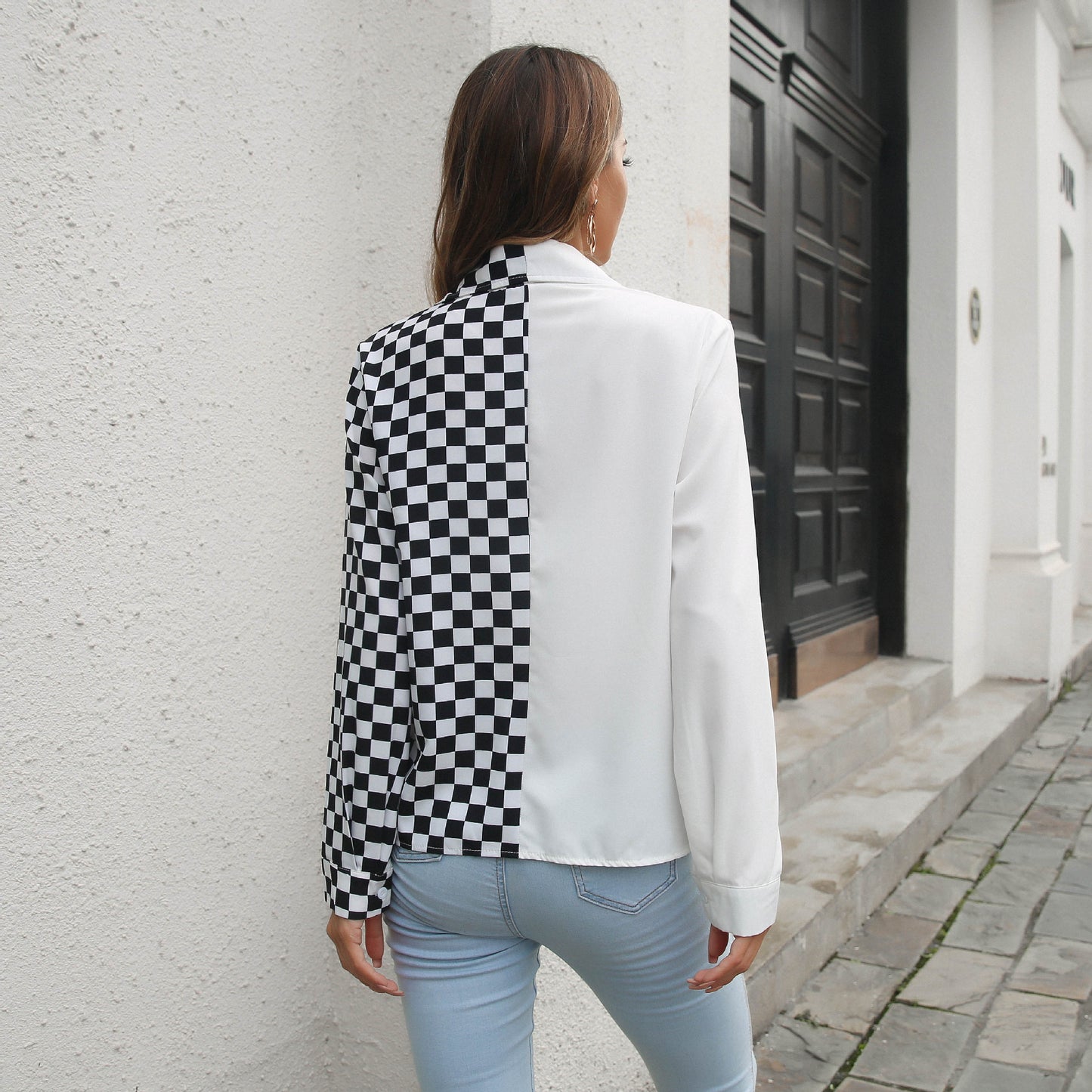 Collar Stitching Long Sleeved Shirt Women Shirt Chiffon Top Spring Autumn Women Clothing