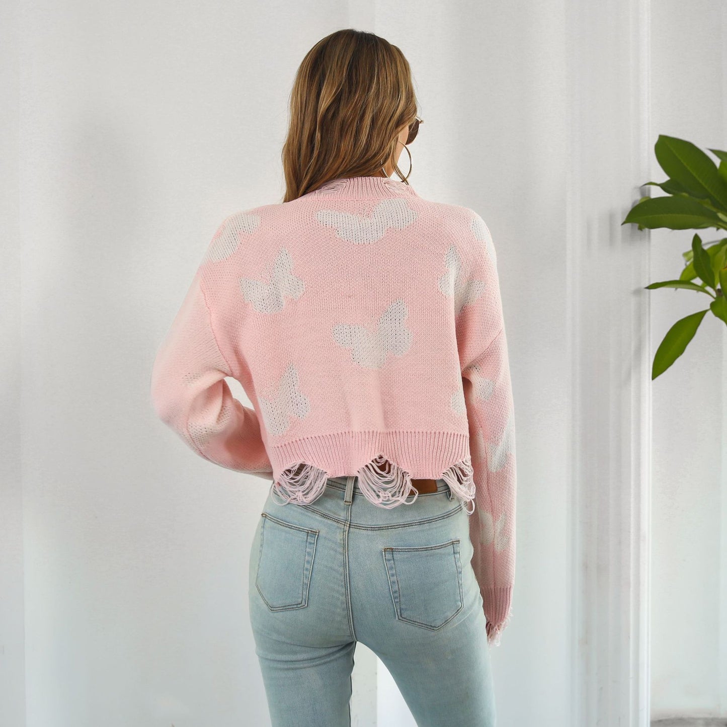 Ripped Butterfly Jacquard Short Sweater Women Autumn Winter Long Sleeve Sweater Sweater