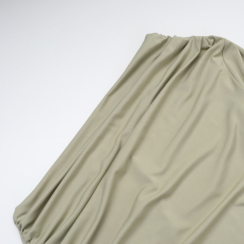 Autumn Elegant Sexy Slim Shoulder Pleated Single Layer Sleeves Dress Women